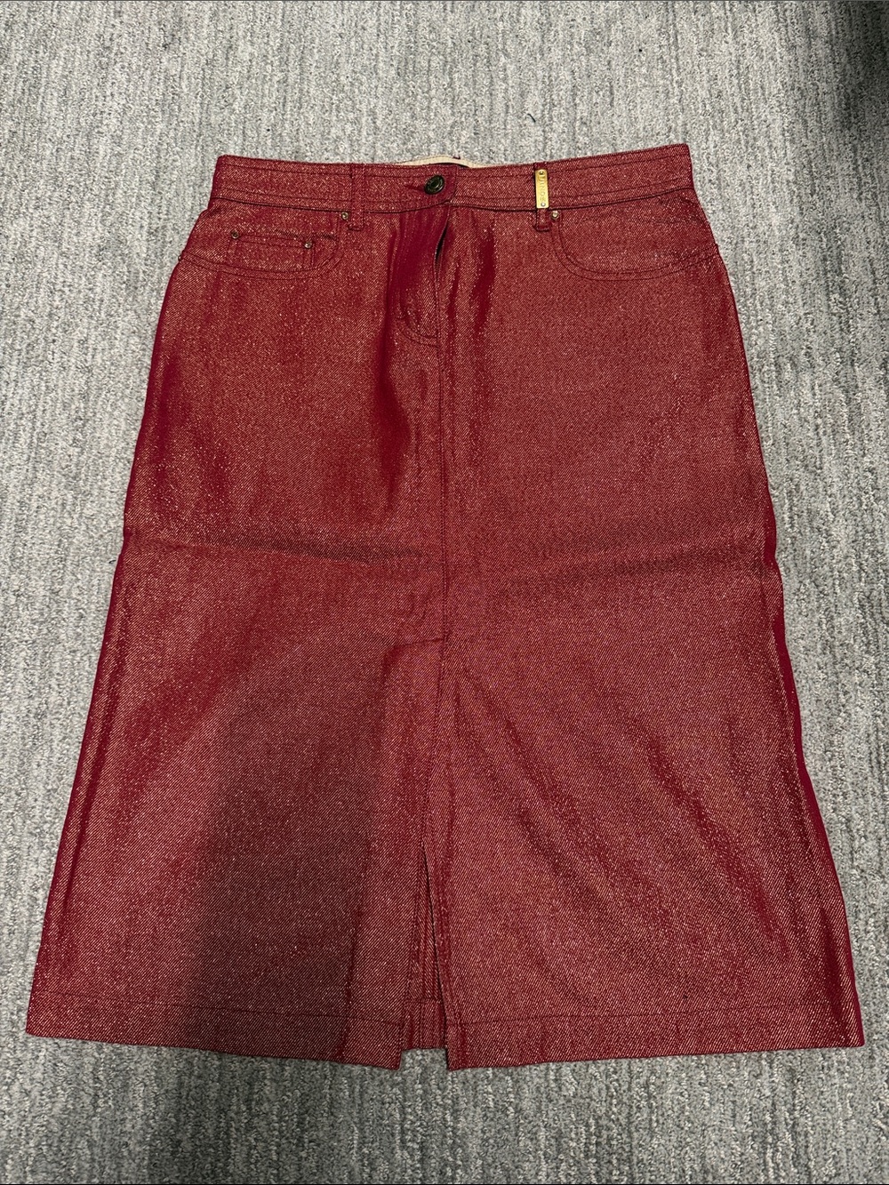 SONIA BY SONIA RYKIEL Red Shimmer Midi Denim Skirt